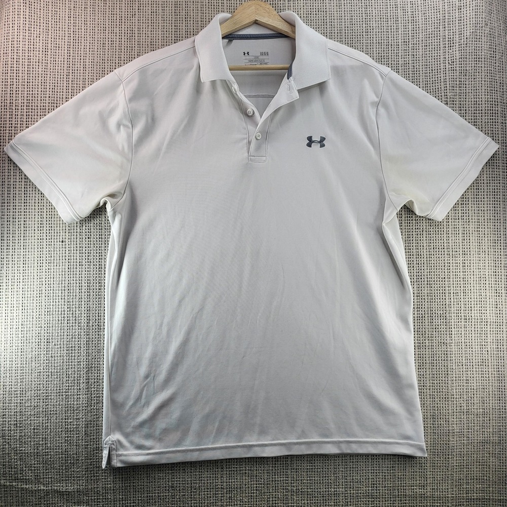 Under Armour Polo Shirt Mens Large White‎ HeatGear Loose Fit Golf Performance